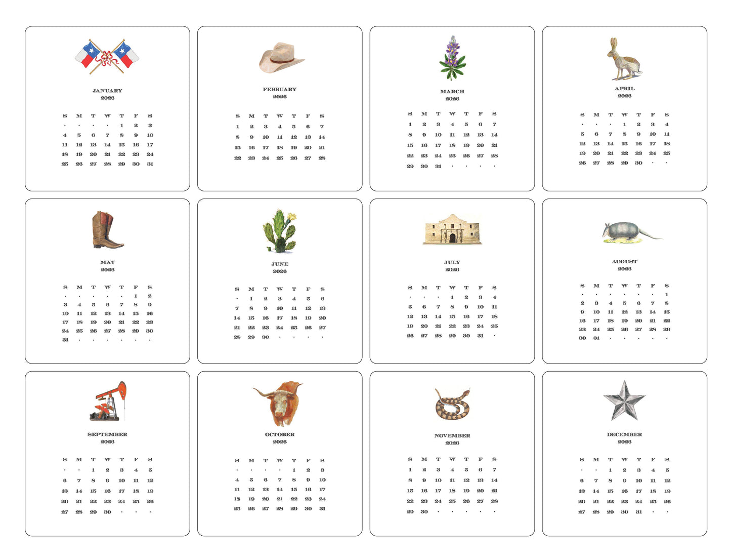 2026 Texas Calendar with Easel : Complete Set