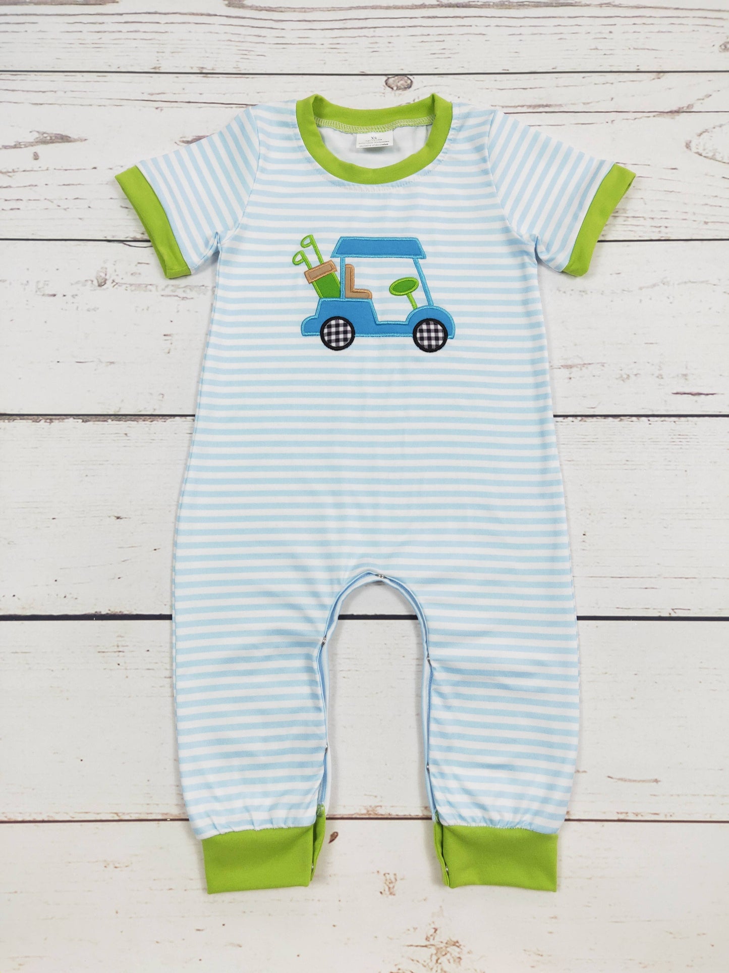 Baby Boy Golf Cart Appliqué Stripe Romper| SK