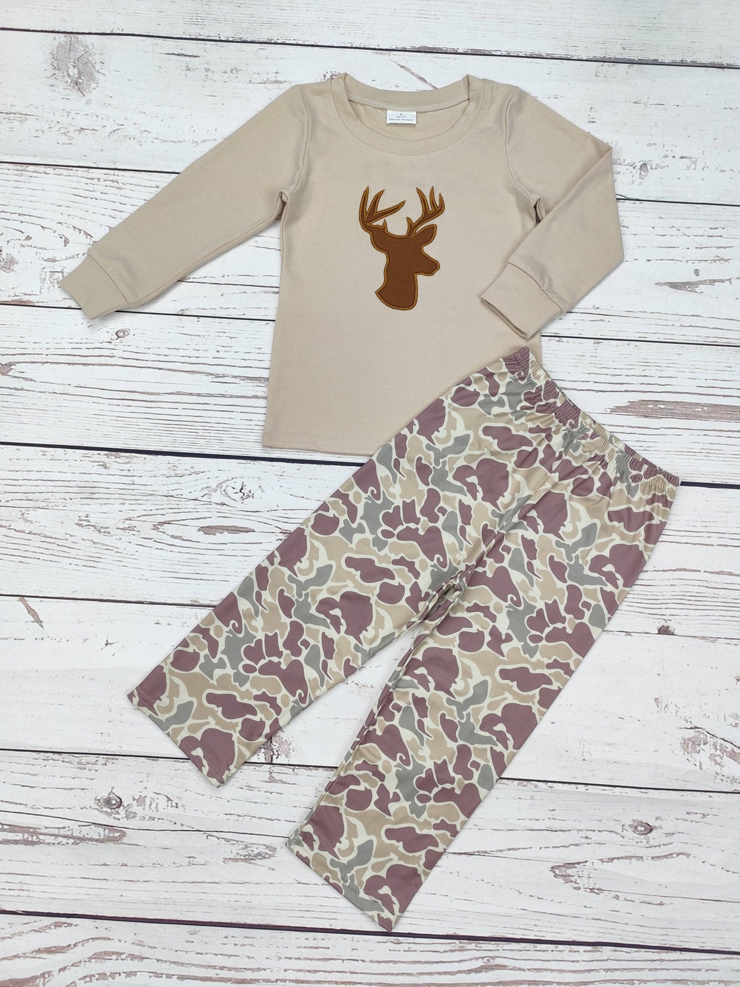 Boys Deer Appliqué Camouflage Pants Set: 3-6M