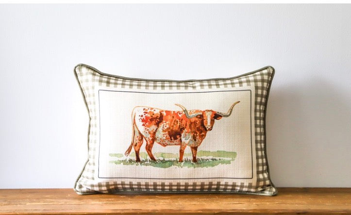 Gingham Watercolor Longhorn Pillow - Accent Piping