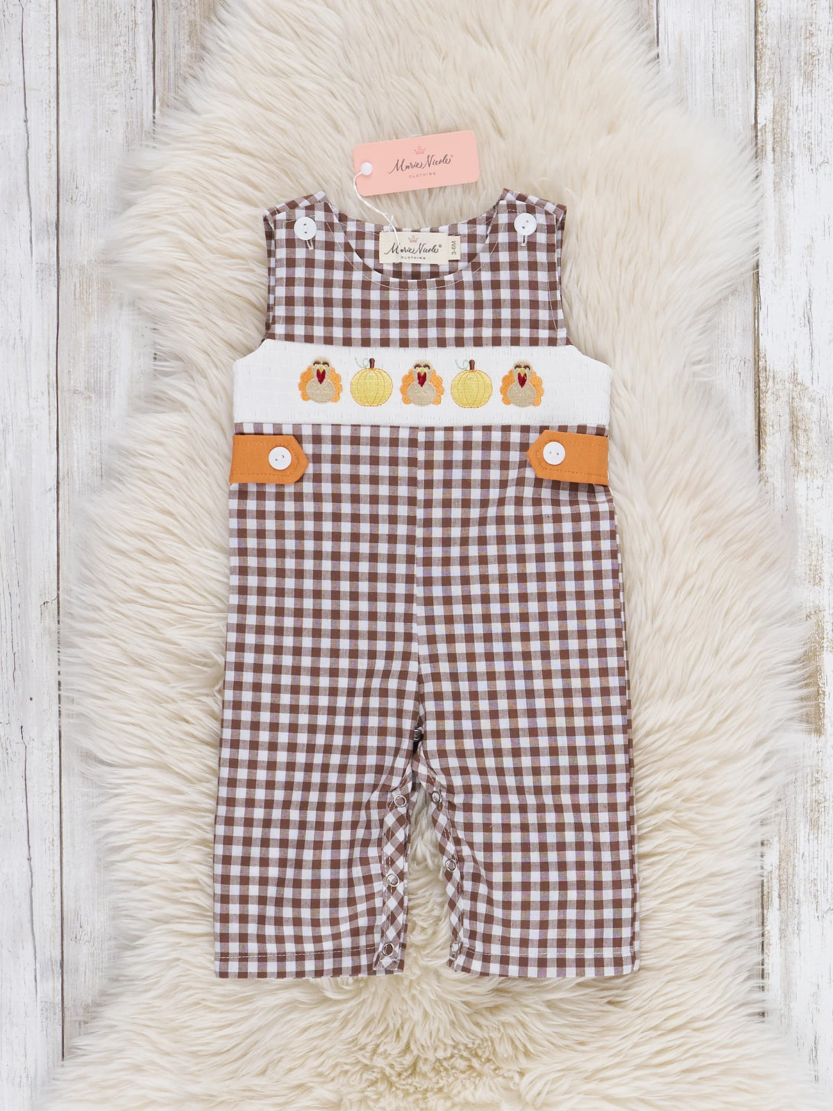 Turkey Flock Smocked Gingham Overall Romper