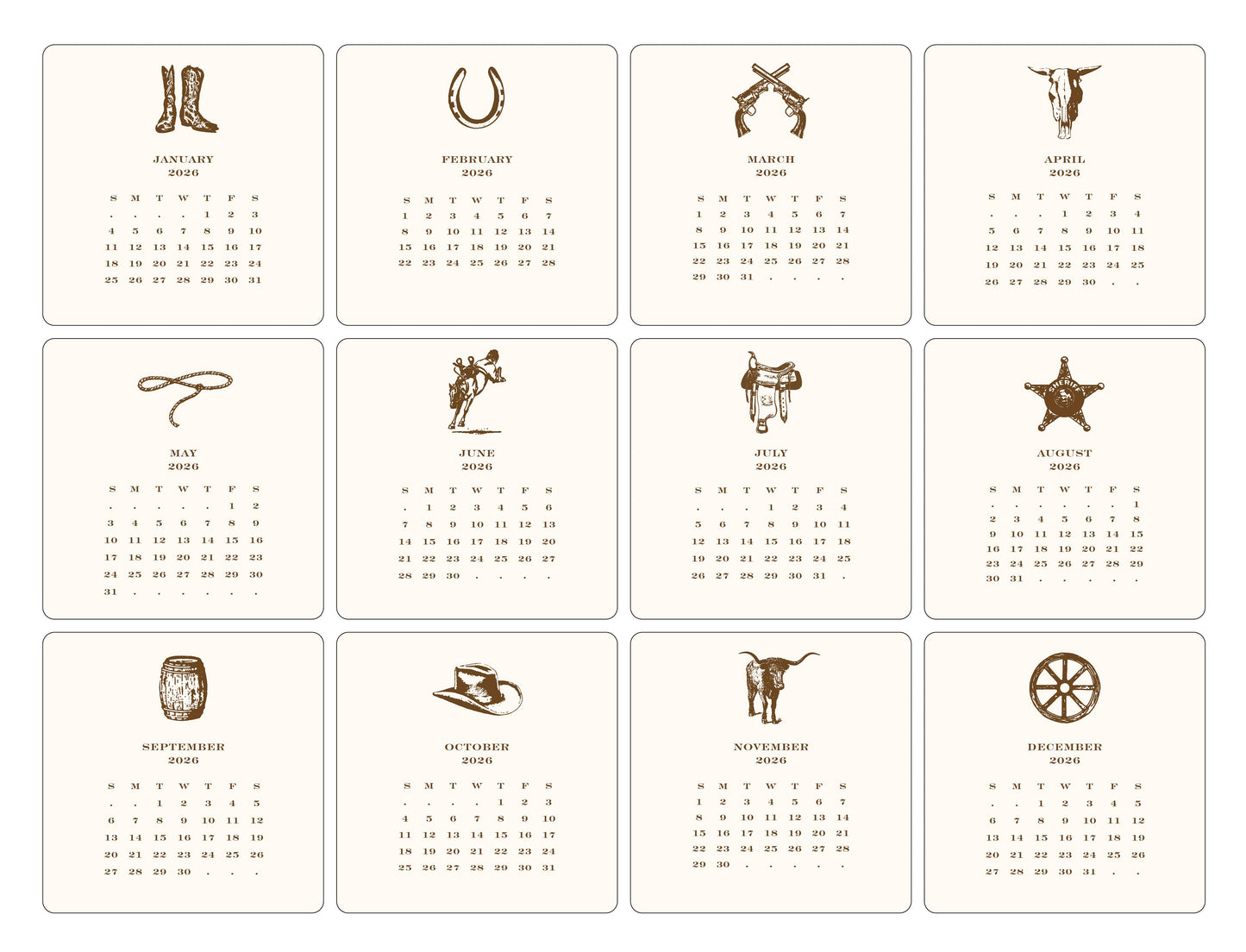 2026 Cowboy Calendar with Easel: Complete set