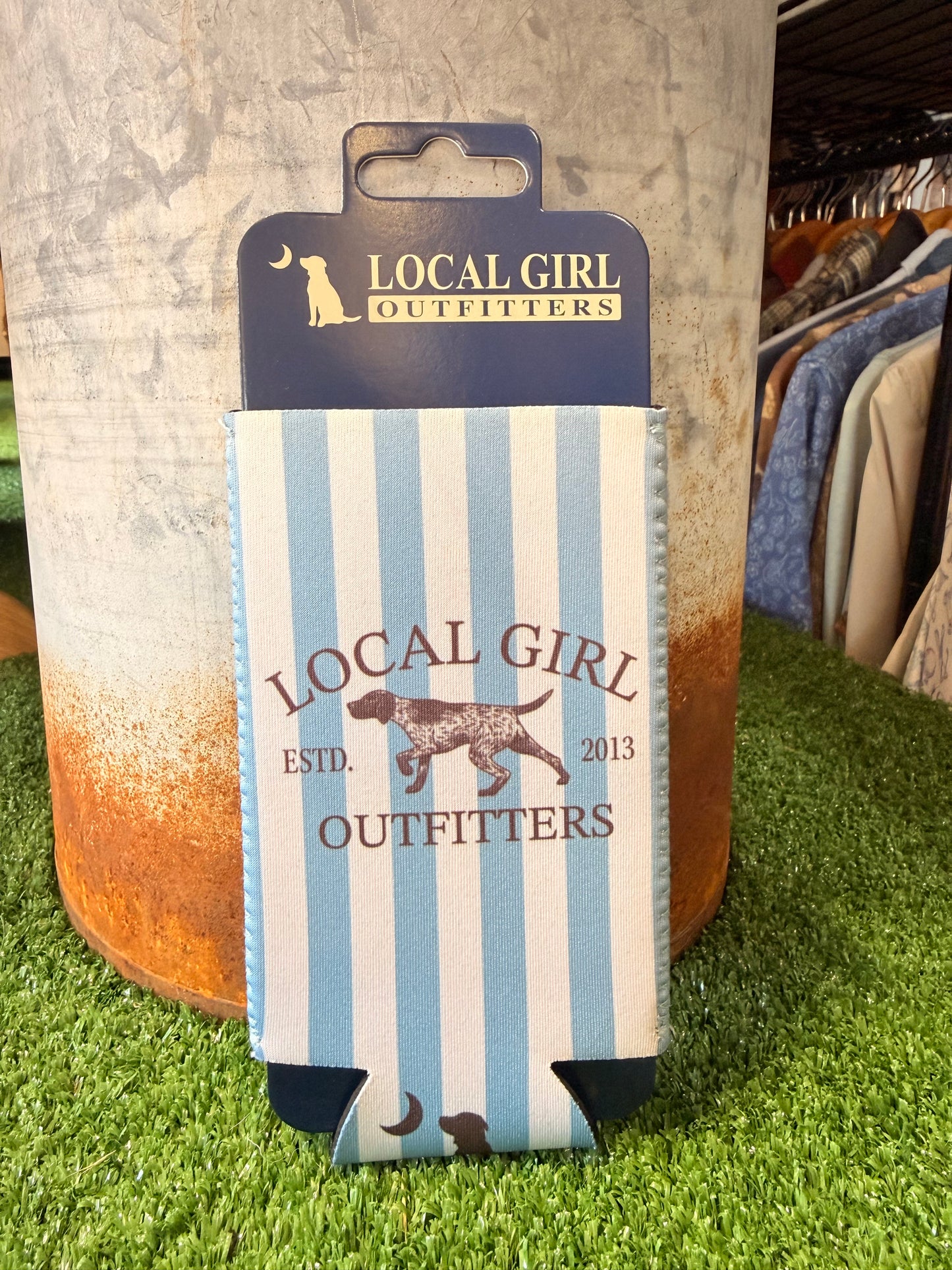 LG Classic Spotter Slim Koozie - Baby Blue/White Stripes