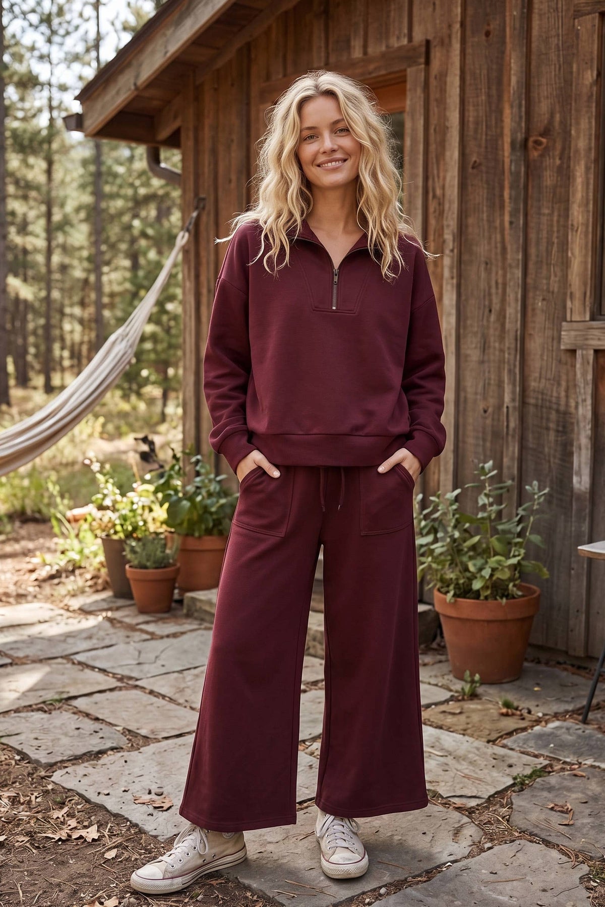 Fine Wine Set- Half Zip Pullover & Wide Leg Pants