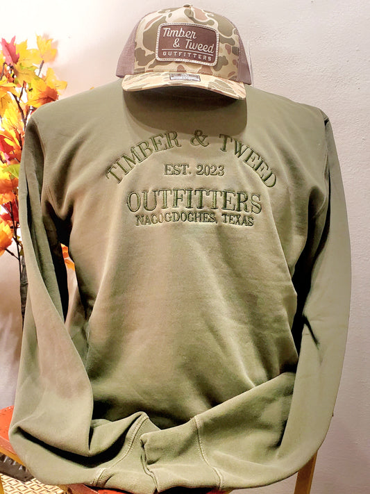 Timber and Tweed Fleece Embroidered Sweatshirt in Army Green | TTO