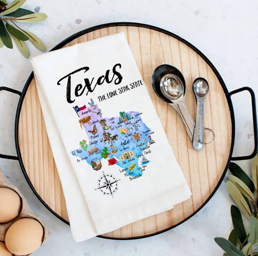 Texas State Map Souvenir  Flour Sack Tea Towel