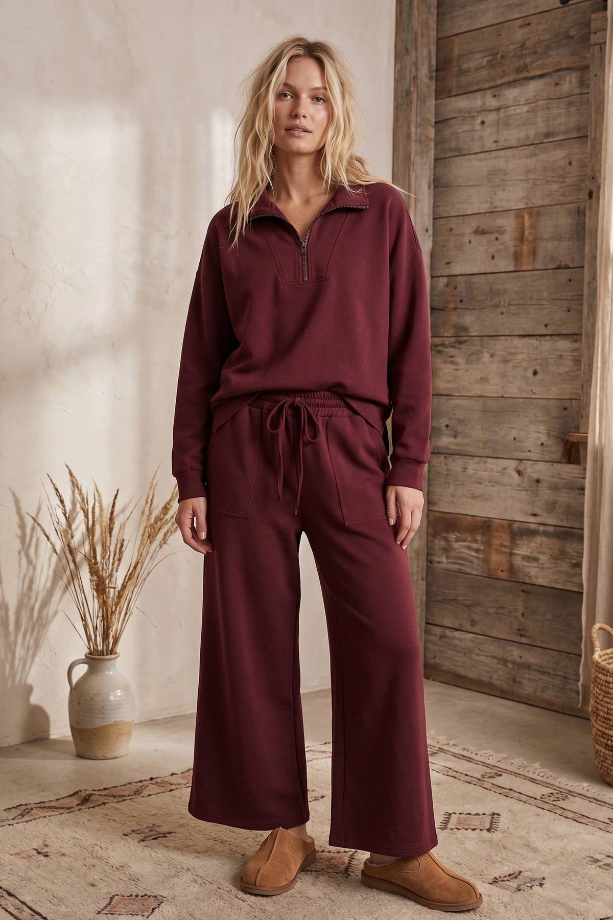 Fine Wine Set- Half Zip Pullover & Wide Leg Pants