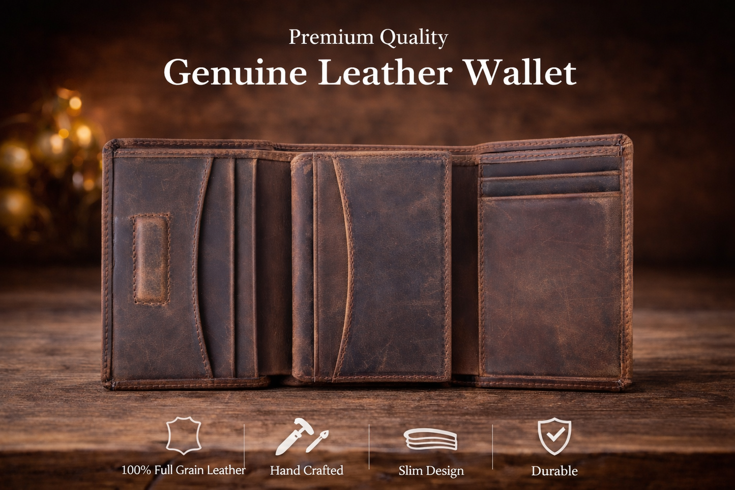 American Leather Goods - Leather Wallet for Men Handcrafted Distressed Trifold Wallet