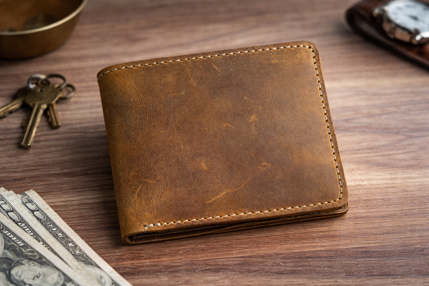 American Leather Goods - Men’s Full-Grain Crazy Leather Bifold Wallet with ID Window