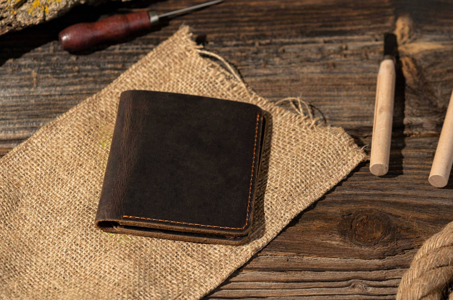 Genuine Leather Bifold Wallet, Handmade Wallet for Men: Brown