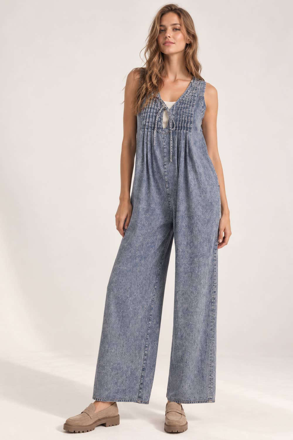 Pintuck Washed Denim Jumpsuit