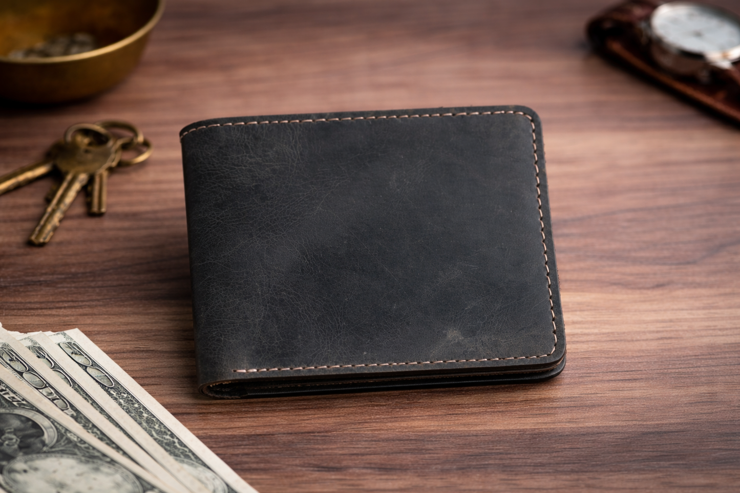 American Leather Goods - Men’s Full-Grain Crazy Leather Bifold Wallet with ID Window