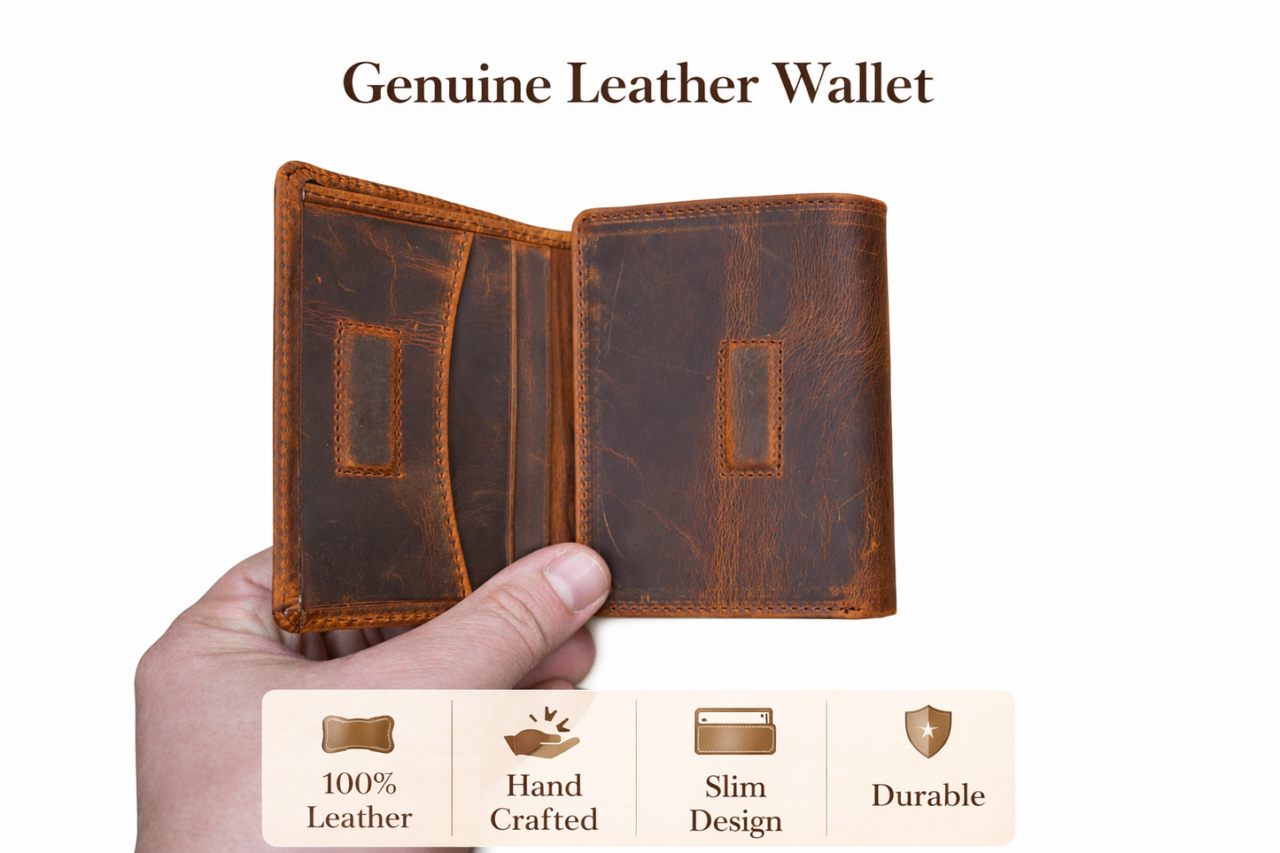 American Leather Goods - Leather Wallet for Men Handcrafted Distressed Trifold Wallet