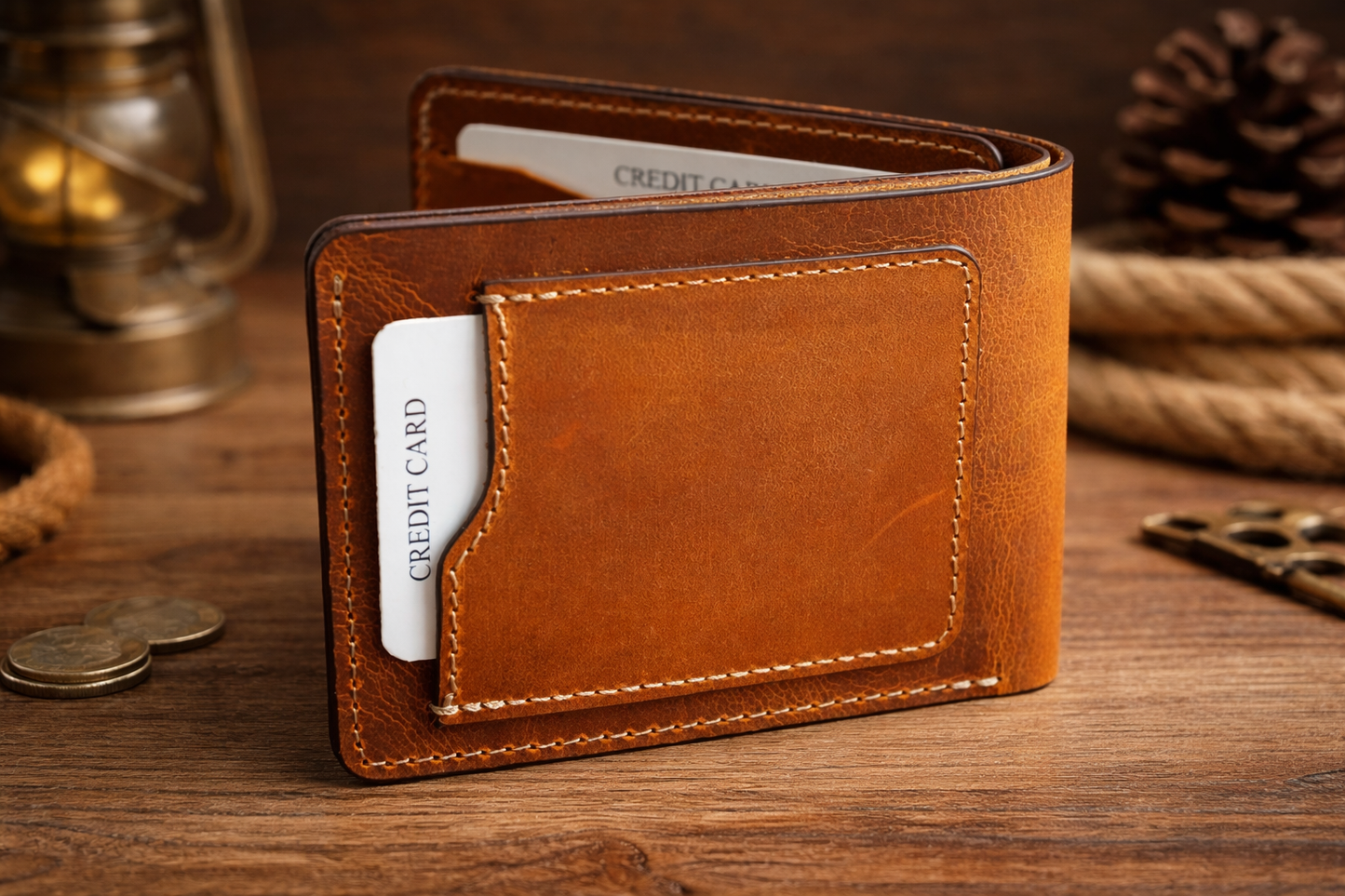 American Leather Goods - Men’s Full-Grain Crazy Leather Bifold Wallet Premium Leather