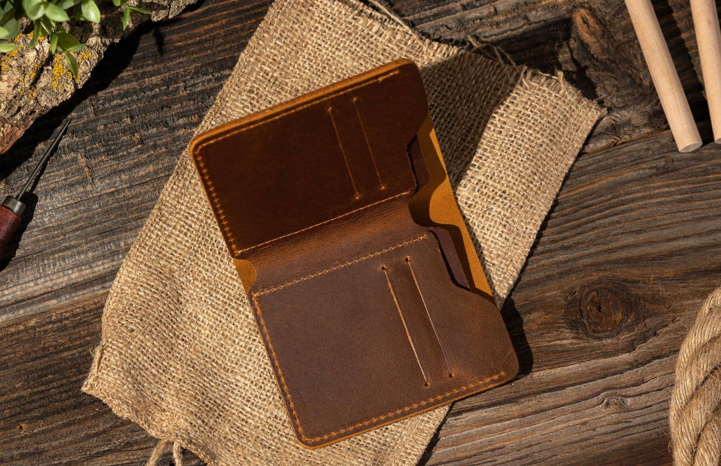 Genuine Leather Bifold Wallet, Handmade Wallet for Men: Brown