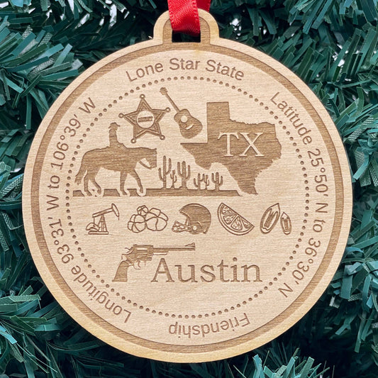 CUSTOM Town Name Texas Wood Christmas Ornament