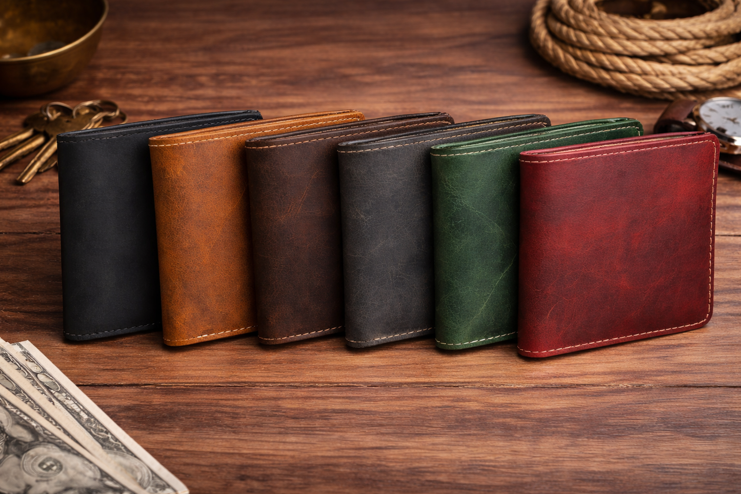 American Leather Goods - Men’s Full-Grain Crazy Leather Bifold Wallet with ID Window
