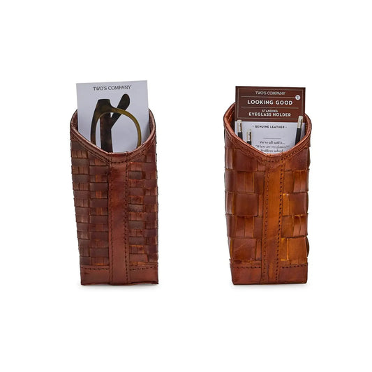 Chestnut Leather Woven Standing Eyeglasses Holder
