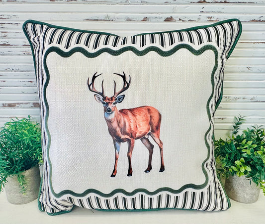 Ticking Deer Pillow - Accent Piping