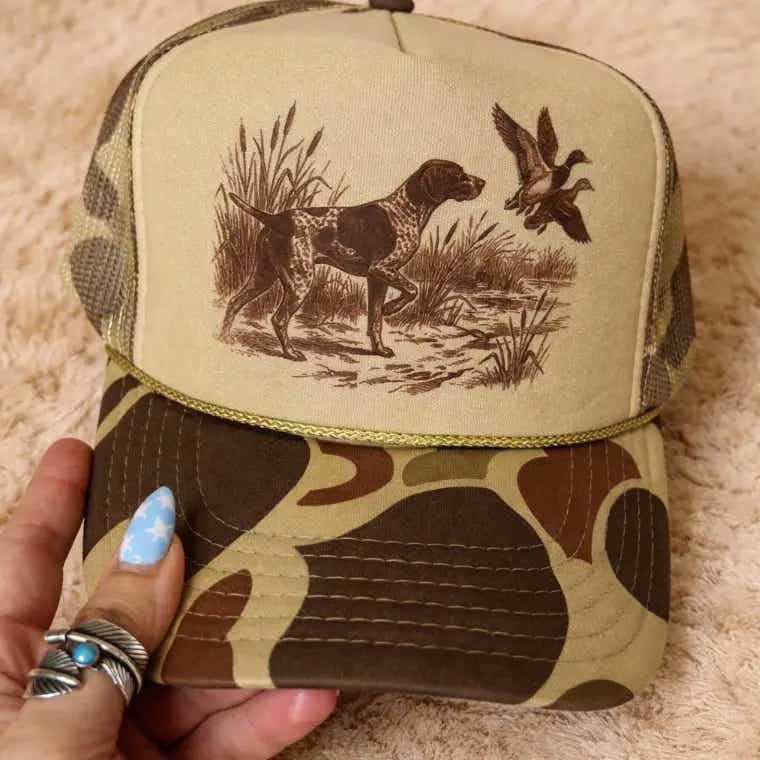 Duck Hunting Pointer Dog- Camo Olive Foam Otto Trucker Hat