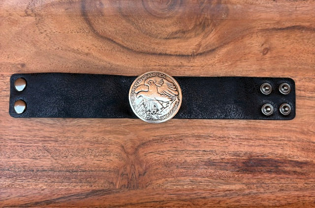 Wide Leather bracelet with Coin Medallion