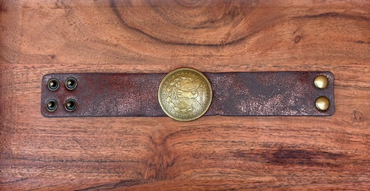 Wide Leather bracelet with Coin Medallion
