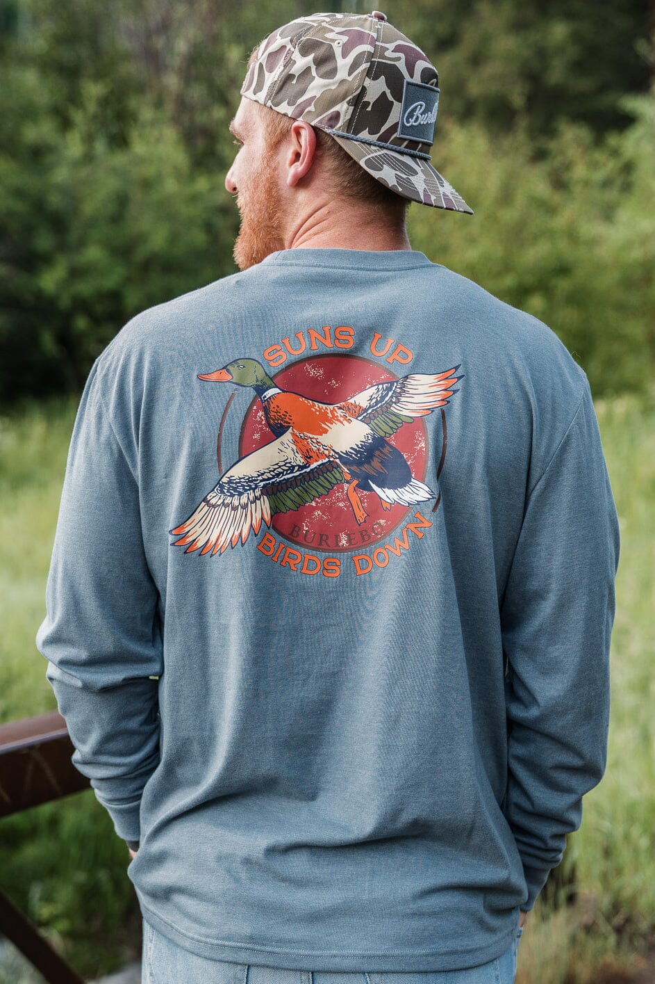 Suns Up Birds Down LS in Heather Blue Jean | Burlebo