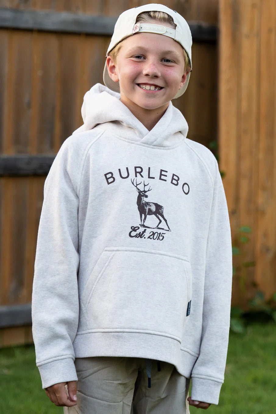 Youth Fleece Hoodie- Whitetail Deer in Heather Oatmeal | Burlebo