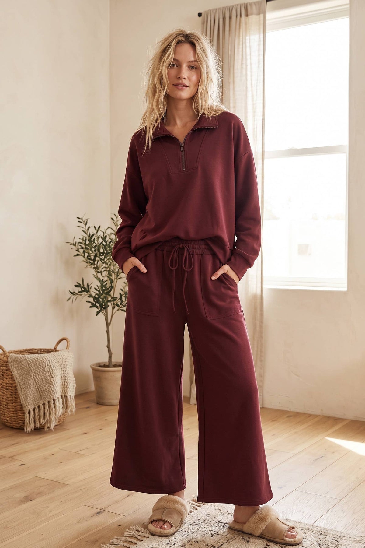 Fine Wine Set- Half Zip Pullover & Wide Leg Pants