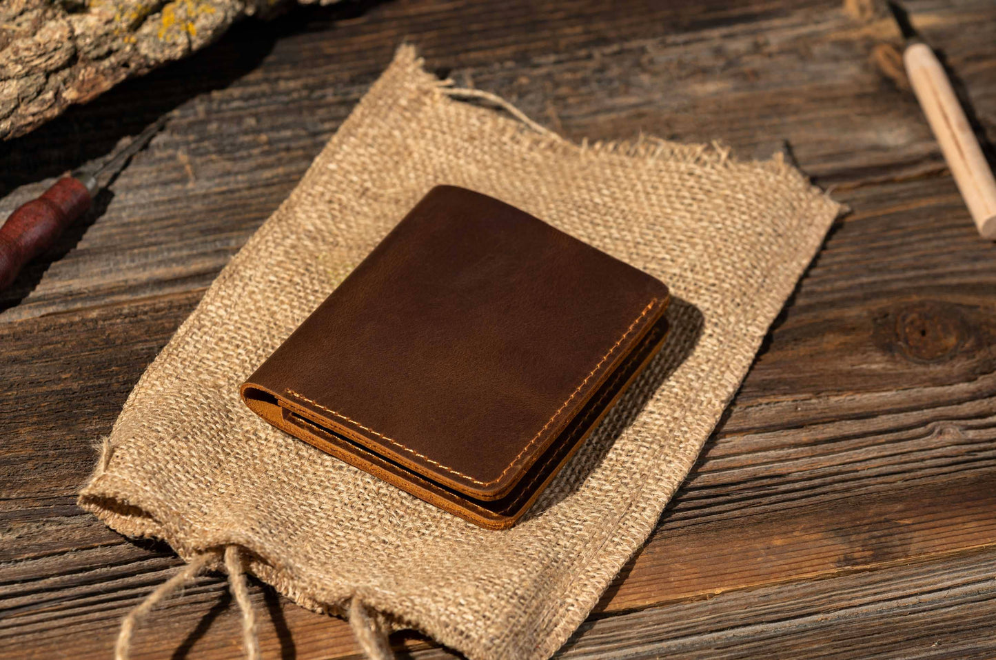 Genuine Leather Bifold Wallet, Handmade Wallet for Men: Brown