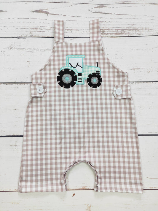 Baby Boy Tractor Appliqué Checkered Romper | Sk