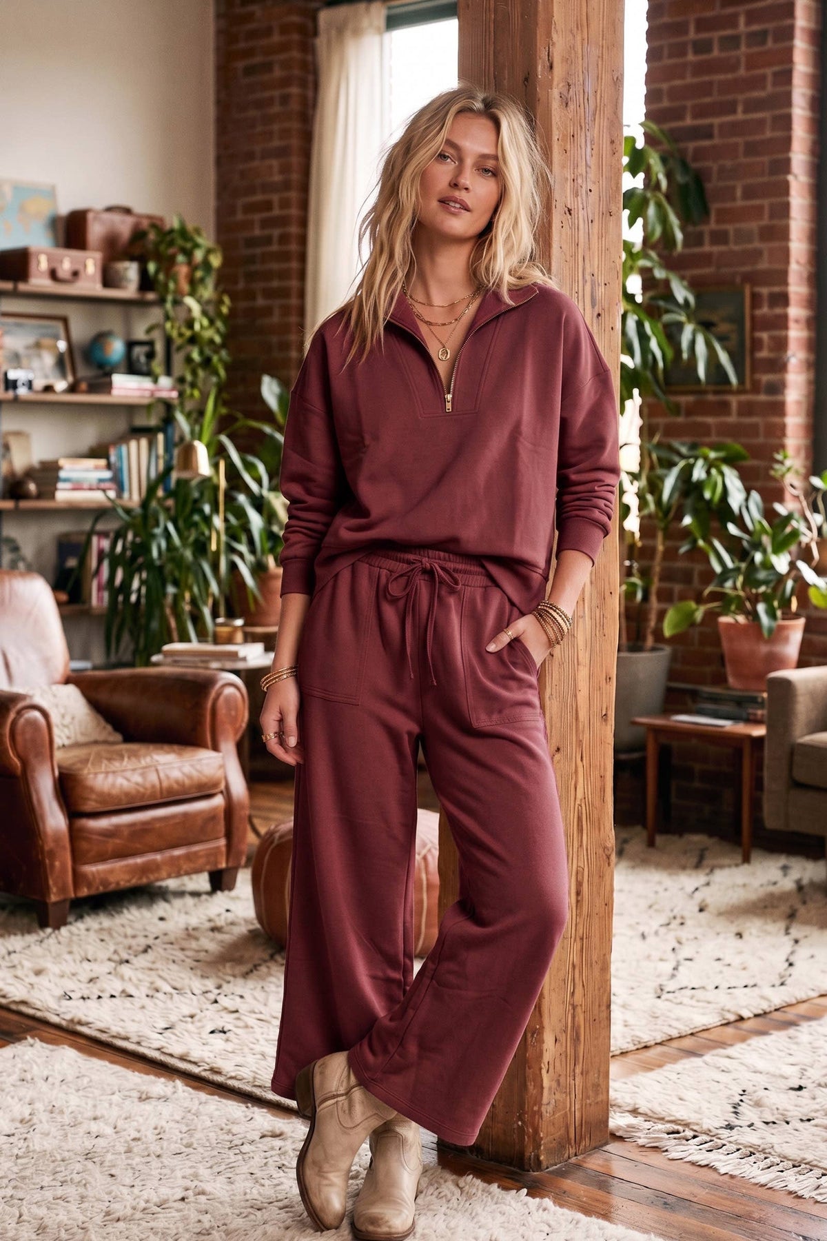 Fine Wine Set- Half Zip Pullover & Wide Leg Pants