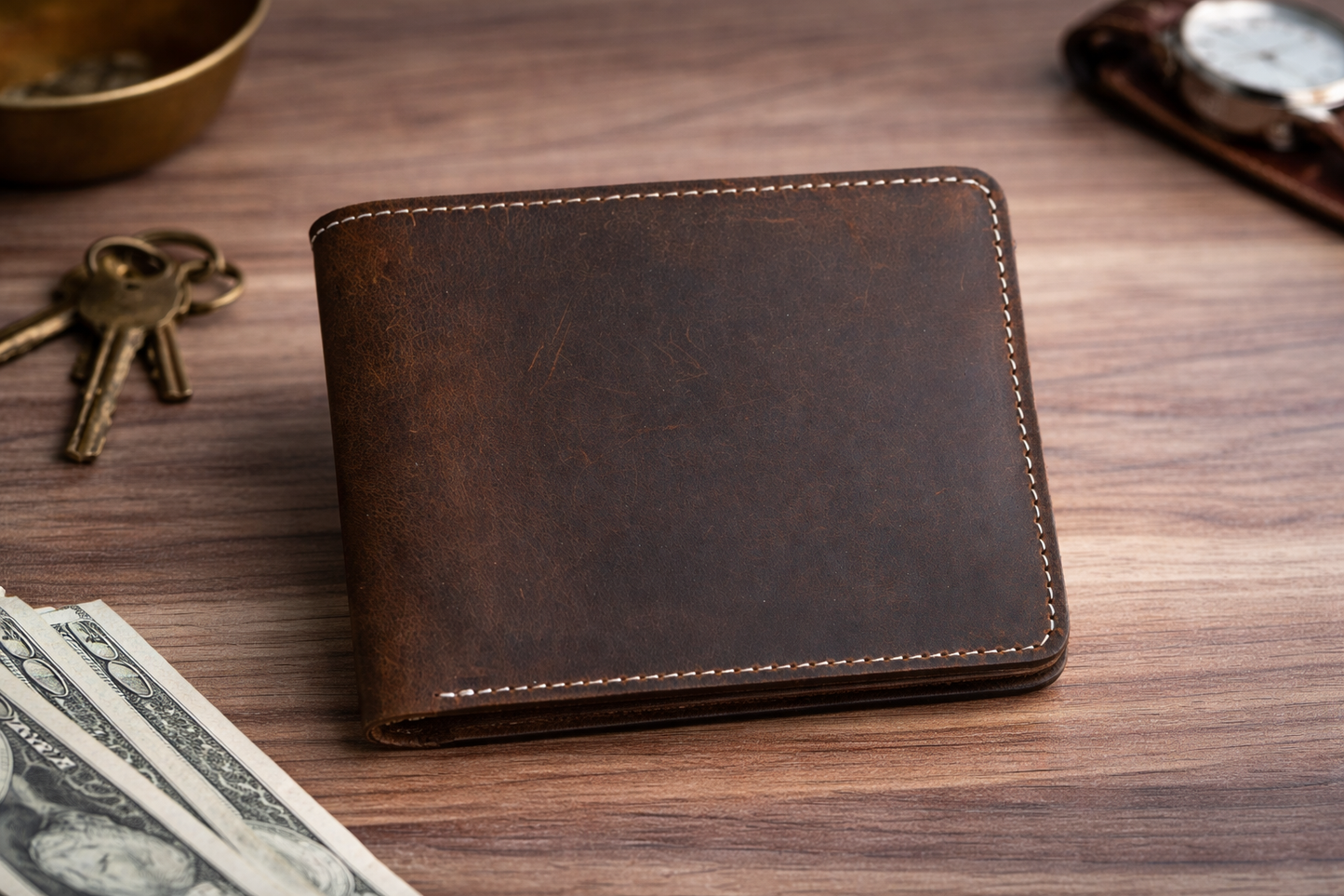 American Leather Goods - Men’s Full-Grain Crazy Leather Bifold Wallet with ID Window