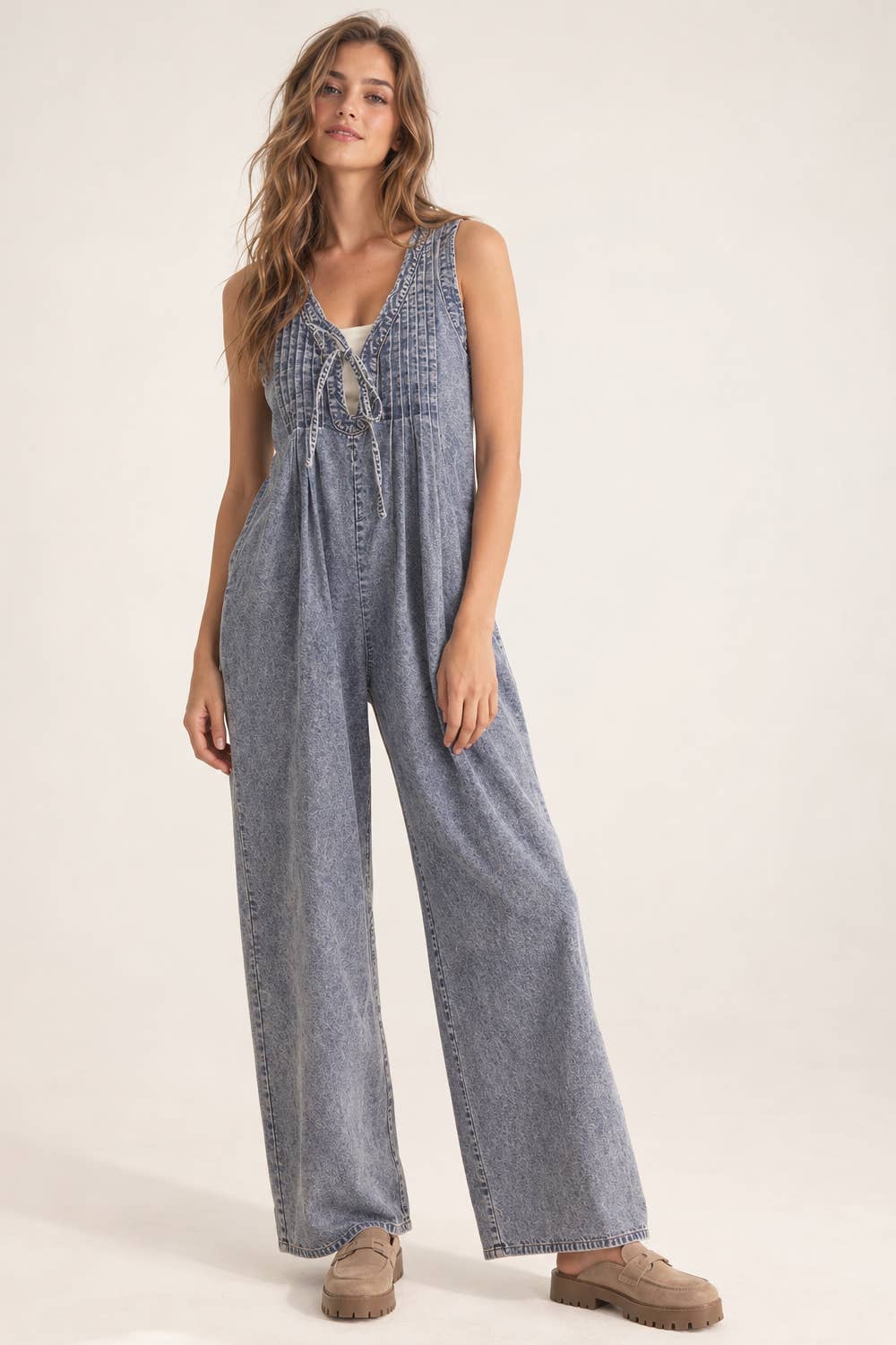 Pintuck Washed Denim Jumpsuit