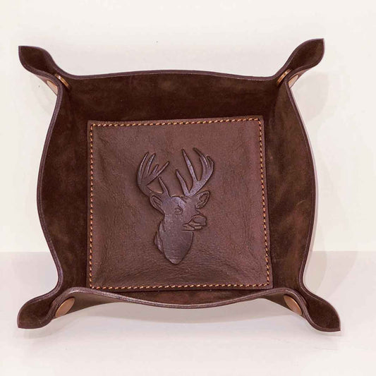 The Royal Standard - Deer Leather Embossed Valet Tray   Dark Brown   8x8