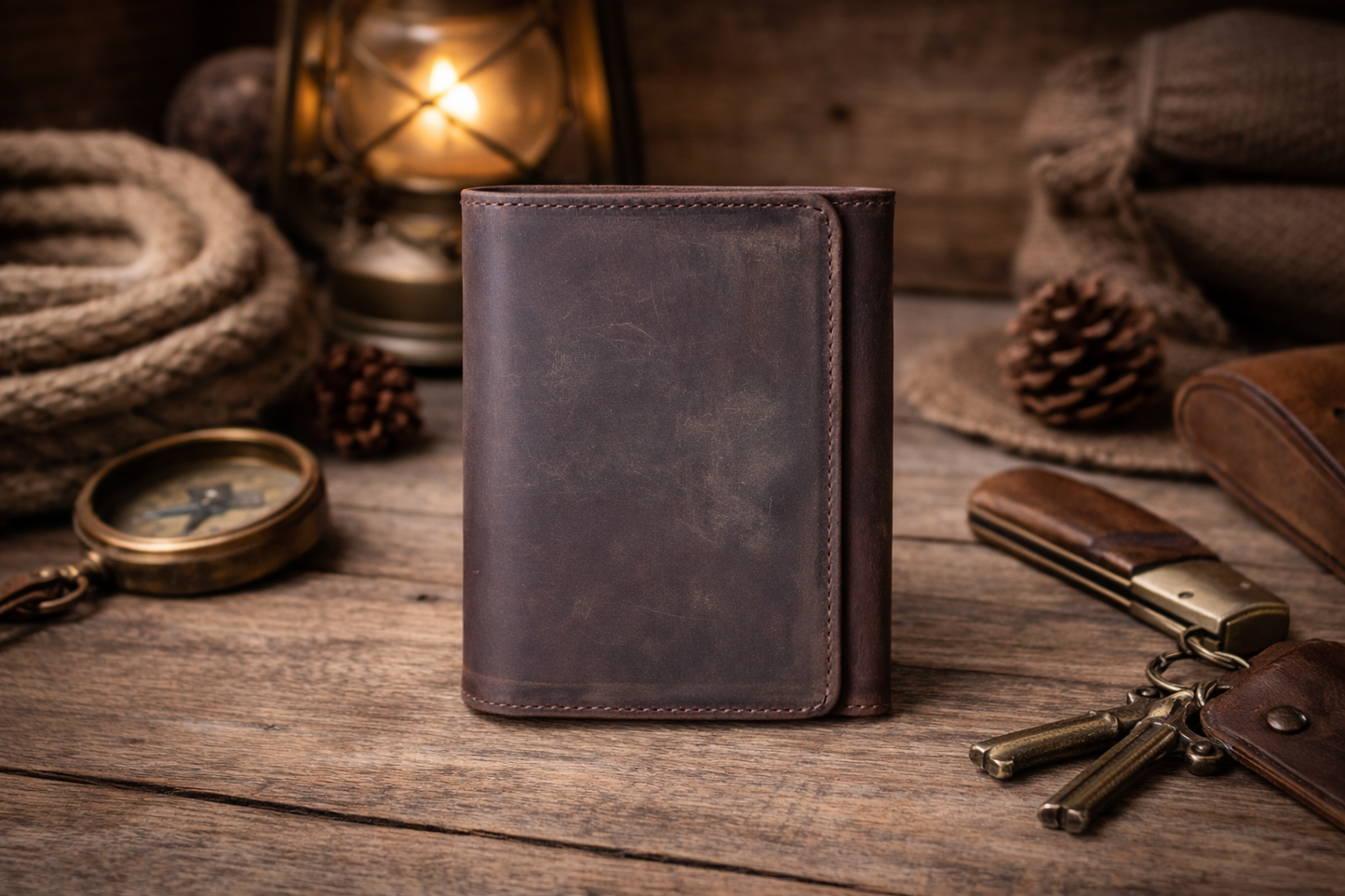 American Leather Goods - Leather Wallet for Men Handcrafted Distressed Trifold Wallet