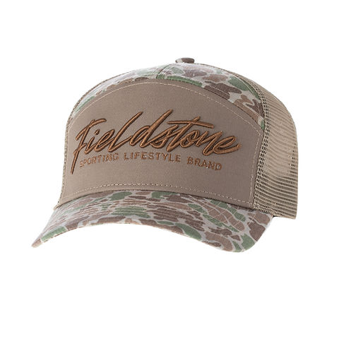 7 Panel Script Logo Camo Hat |Fieldstone