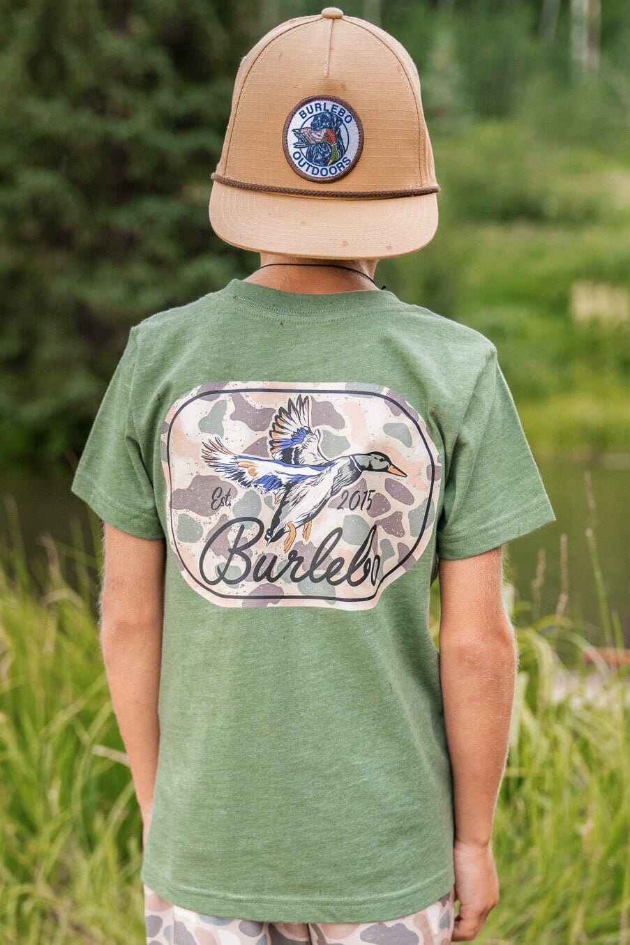 Youth T-shirt Ducks Flying In Heather Olive | Burlebo